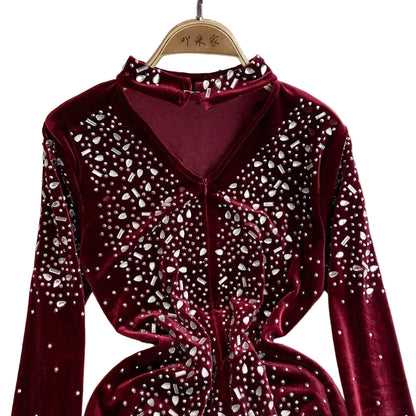🍒Bodycon o-nek langmou rok glitter strass uitrusting fluweel sjiek oesjaarstyl klere sjiek herfsmode partytjie geleentheid drag Kry Wyn Stoned