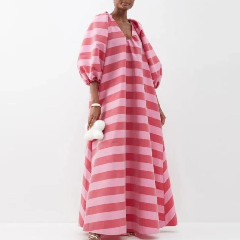 🍒 Striped party dress loose fit maxi swing casual high waist outfit pleated elegant v-neck puff sleeve long dress  Puff Up Your Chess In A Stripy Dress