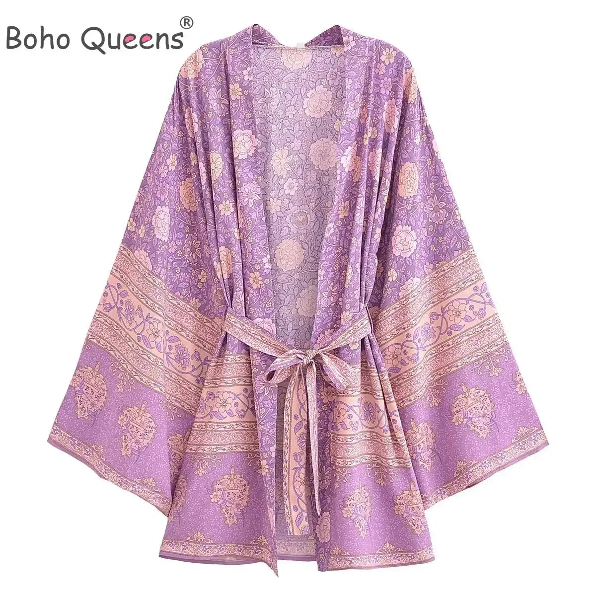 🍒Beach coverups wild floral print short light kimono jacket batwing duster bohemian ladies v-neck rayon short bikini swimwear cover over vacation wear holiday clothing casual wear  Colourful Comfort