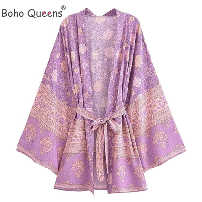 🍒Beach coverups wild floral print short light kimono jacket batwing duster bohemian ladies v-neck rayon short bikini swimwear cover over vacation wear holiday clothing casual wear  Colourful Comfort