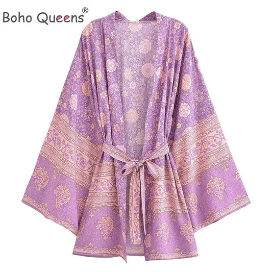 🍒Beach coverups wild floral print short light kimono jacket batwing duster bohemian ladies v-neck rayon short bikini swimwear cover over vacation wear holiday clothing casual wear  Colourful Comfort