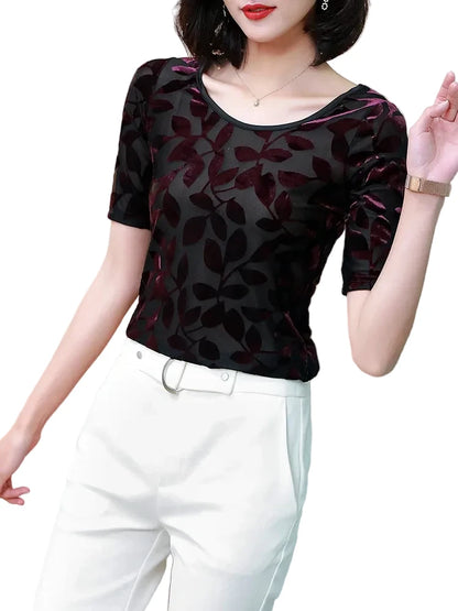 🍒Summer tops for women round neck velvet top devore t-shirt fashion flower gauze short sleeve tee smart casual clothing