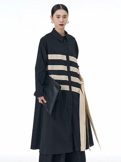 🍒black striped shirt dress women ribbon colour-block big size coat dress a-line with long sleeve and turn down collar fashion smart casual outwear Get A ZEBRA aCROSS a shirt dress cool thING