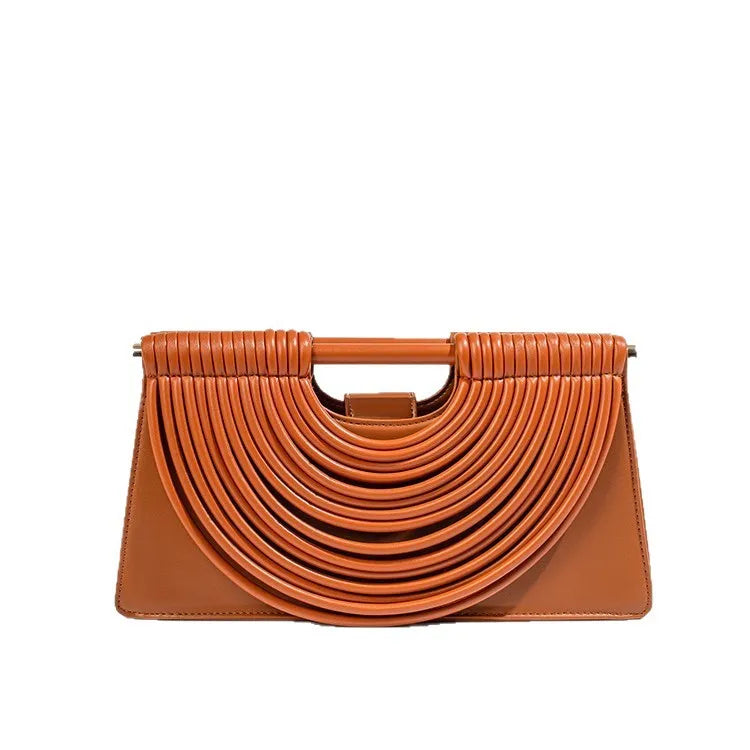 🍒Handwoven style Women's gold crossbody bag clutch handle occasion handbags smart casual strands pu material soft Texture triangle shape shoulder bag Strands Of Style