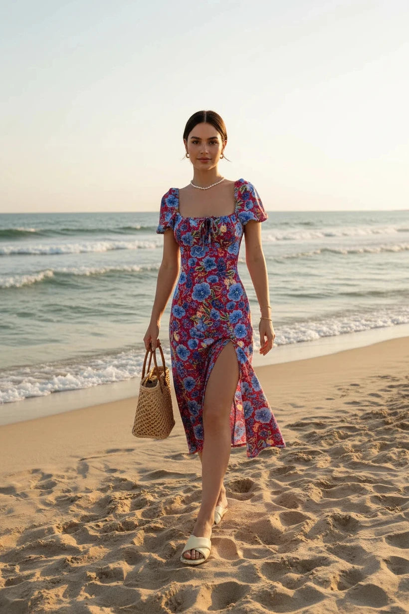 🍒Floral print party dress elegant women off shoulderless backless outfit summer slit boho midi smart casual ladies clothing Figure Out Your Floral Fashion