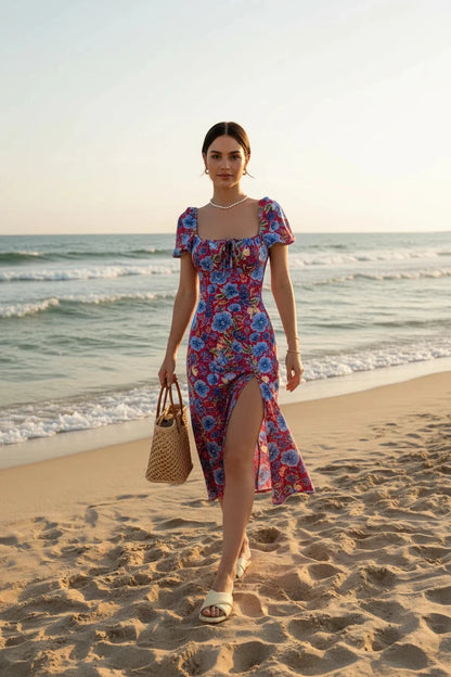 🍒Floral print party dress elegant women off shoulderless backless outfit summer slit boho midi smart casual ladies clothing Figure Out Your Floral Fashion