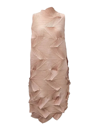 🍒Sleeveless pleated dress for women turtleneck outfit single colour solid fashion smart casual women party wear occasion clothing style 3D fold designer dresses Fashion A Fold