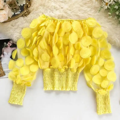 🍒Modern floral tops for women occasion shirred hem t-shirt design mesh patch long sleeve off the shoulder gigot Sleeve  bouse Y2k asthetic Hot Spot