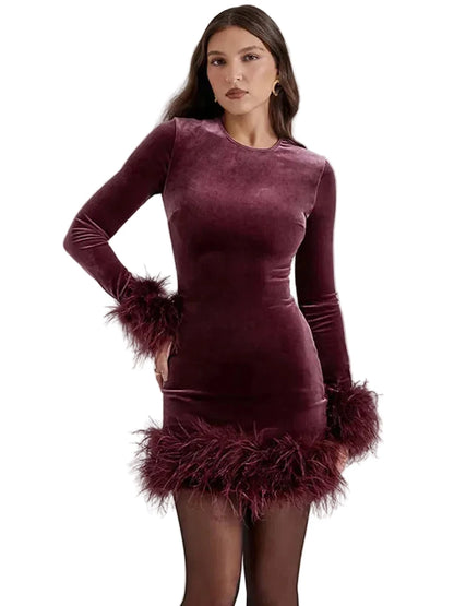 🍒Fluweelrok met pelsversiering, langmou, skraalpaspartytjiedrag, kort vir damesmode, langmou vir geleenthede. Heerlike Rooi Fluweel
