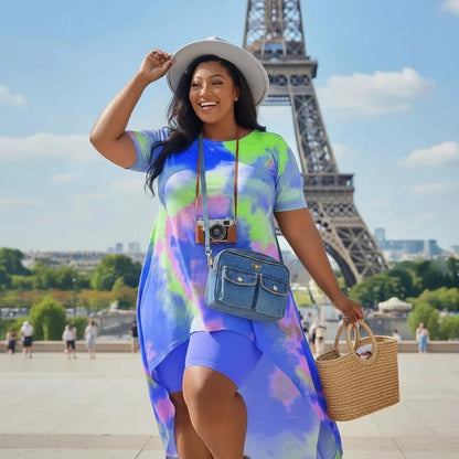 🍒Plus size shorts sets for Women summer holiday two piece tie dye long style top shorts Leggings Outfits Summer Up In Colour