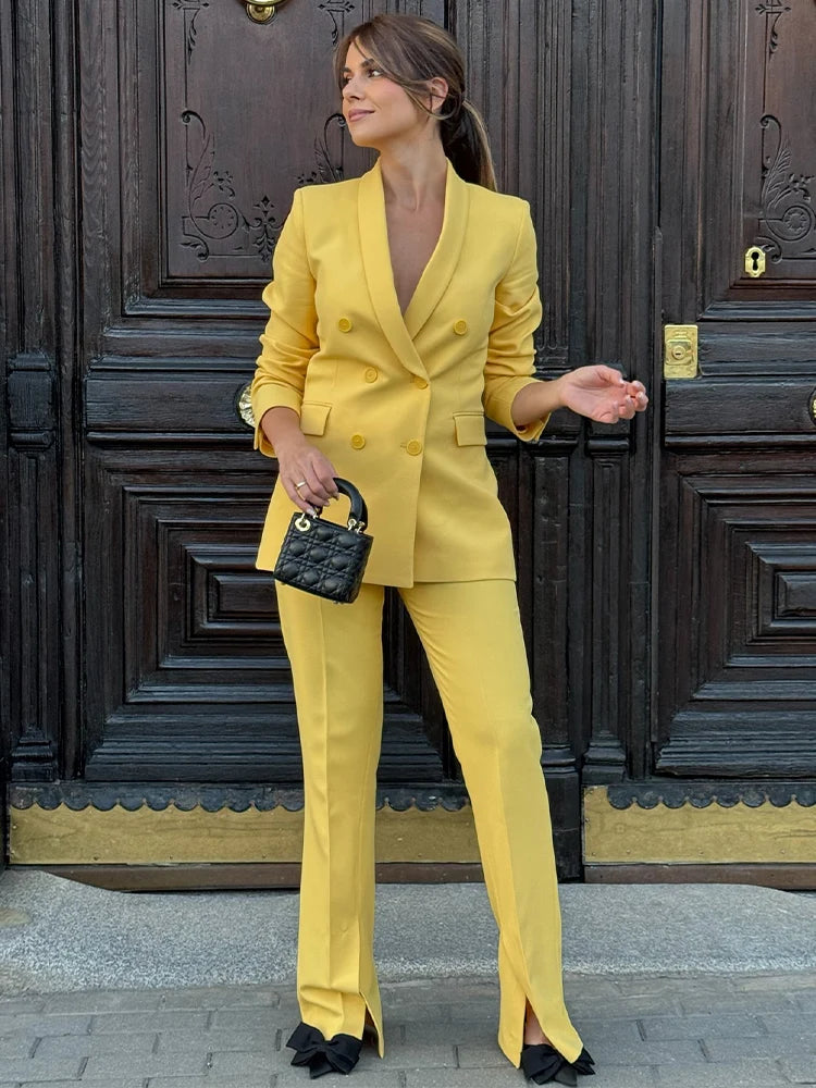 🍒Double breasted long sleeve blazer women's spring summer blazers lapel collar suit and mid waist zipper flared pants smart  casual wear YEL out and bend LOW when you get this