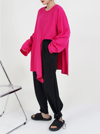 🍒Hot pink t-shirt big size Irregular side slit tee with o-neck long sleeve fashion for women smart casual spring autumn clothing  Don’t Cut Across This Cool Cross Cut