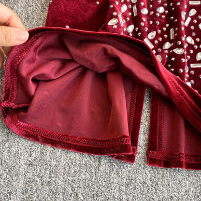 🍒Bodycon o-nek langmou rok glitter strass uitrusting fluweel sjiek oesjaarstyl klere sjiek herfsmode partytjie geleentheid drag Kry Wyn Stoned
