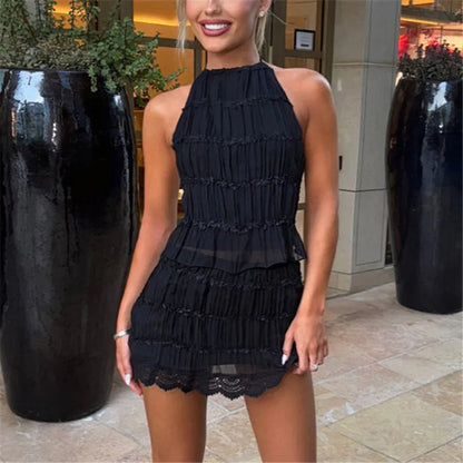 🍒Two piece mini skirt set for women Y2k lace clothing sheer mesh ruched halter top and Mini skirt smart casual women summer beach outfits smart casual Get SET To Buy Your MINI
