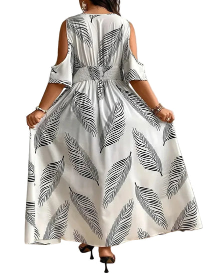 🍒Plus size cold shoulder dress printed womens casual v-neck vacation outfit beach big swing split long summer fashion wear Dont Leaf This One Out