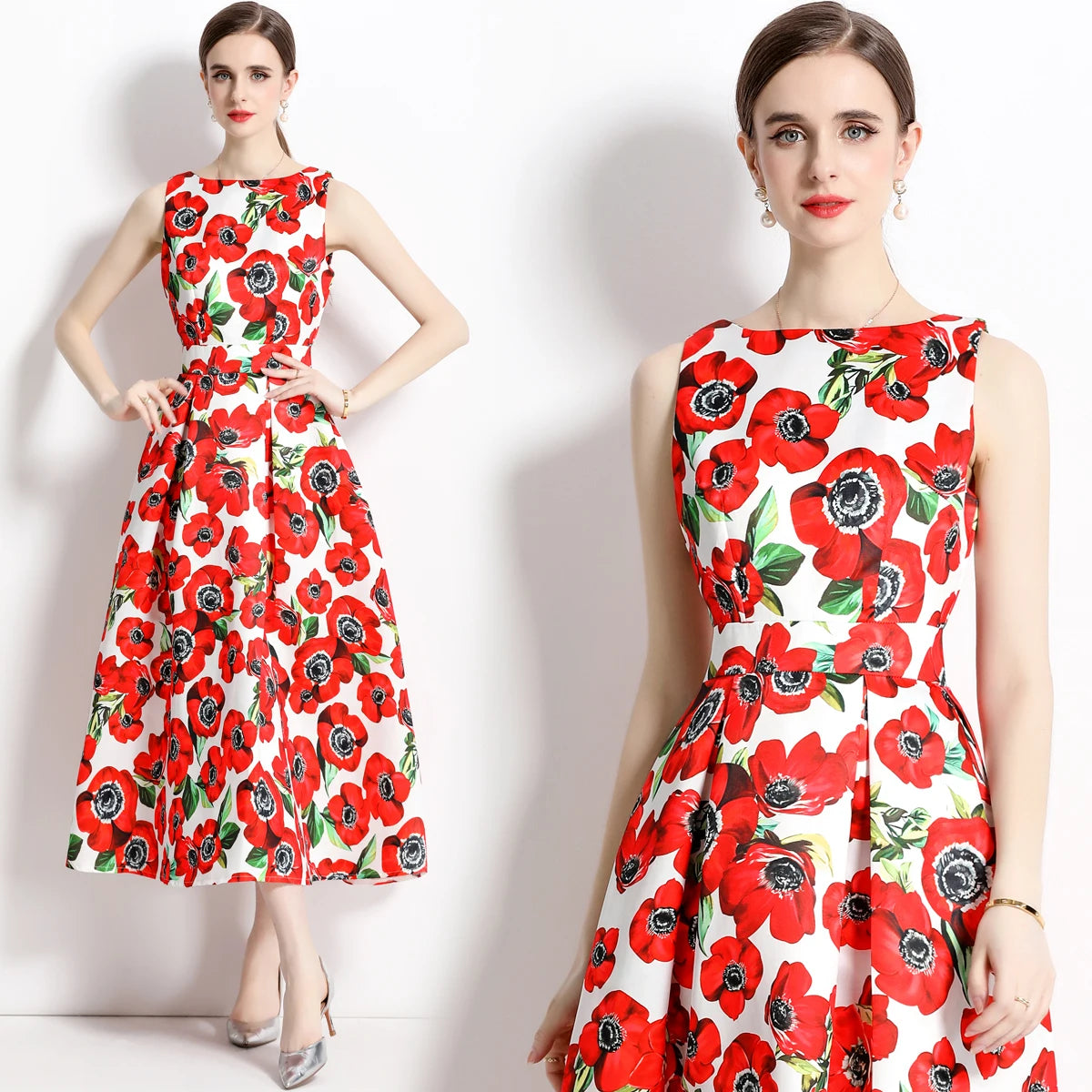 🍒Designer fashion dress floral print clothing vintage a line party wear outfit for women birthday dinner retro runway occasion wear  make ARRANGEMENTs for these FLOWERs