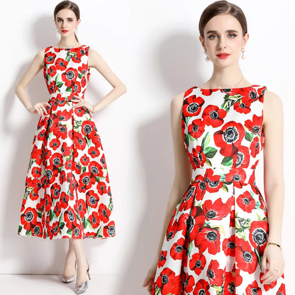 🍒Designer fashion dress floral print clothing vintage a line party wear outfit for women birthday dinner retro runway occasion wear  make ARRANGEMENTs for these FLOWERs