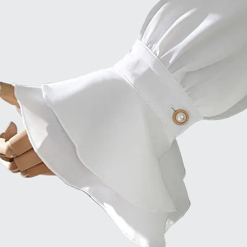 🍒Vintage blouse court style button fold flare sleeve slim pure white shirt with ruffles women elegant stand collar top female smart casual wear office clothing occasion clothing  No One Will Judge You With This Cool Court Style Blouse