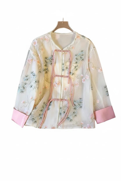 🍒Shirt jacket for women Light outer for women chinese style jacket chiffon embroidery Jacquard tie light cover up sunscreen cardigan Summer beach coverup for occasion and casual coverup See Through The Day