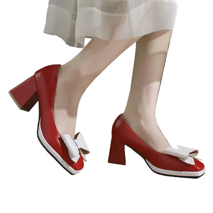 🍒Bow-tie heels women elegant shoes medium block heel pumps office wedding party shoes for occasions