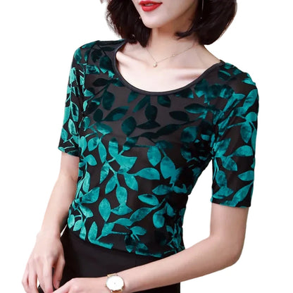 🍒Summer tops for women round neck velvet top devore t-shirt fashion flower gauze short sleeve tee smart casual clothing