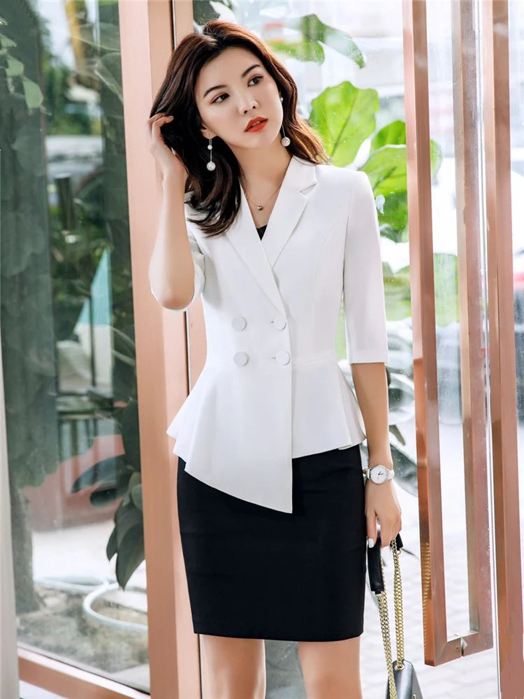 🍒Rooi 2-stuk damespak mode rompstel sakeklere kantoordrag ligte blazers vir vroue halfmou top en miniromp Berry Beautiful