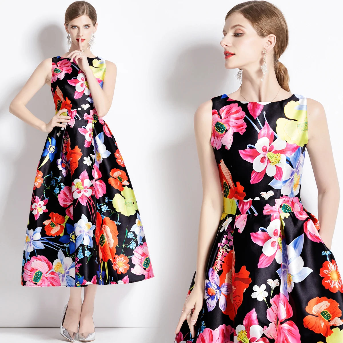 🍒Designer fashion dress floral print clothing vintage a line party wear outfit for women birthday dinner retro runway occasion wear  make ARRANGEMENTs for these FLOWERs