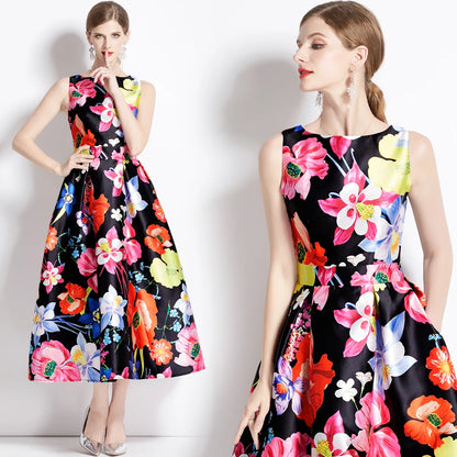 🍒Designer fashion dress floral print clothing vintage a line party wear outfit for women birthday dinner retro runway occasion wear  make ARRANGEMENTs for these FLOWERs