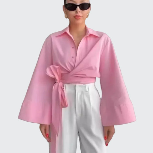🍒女式长袖衬衫外套系带上衣 宽袖女式时尚服装 纯色衬衫 智能休闲衬衫 想象一下你穿上这件马卡龙色的样子
