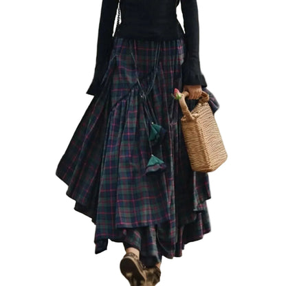🍒Womens checked long skirt high waist long maxi tartan vintage clothing spring autumn fashion asymmetric flared skirts Get Out Green And Get Out Green