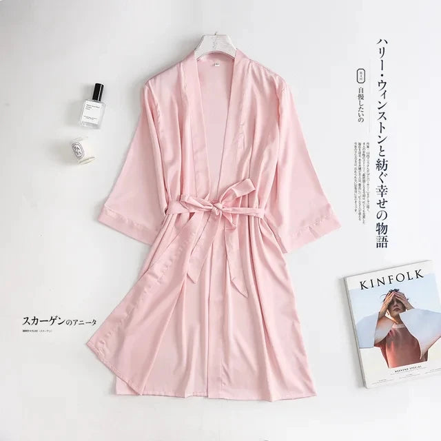 🍒女士裹身长袍白色婚纱新娘晨袍女士3/4袖睡衣宽松睡裙女性真丝缎面和服浴袍内衣 对旧睡袍说再见