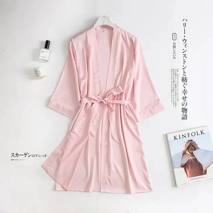 🍒女士裹身长袍白色婚纱新娘晨袍女士3/4袖睡衣宽松睡裙女性真丝缎面和服浴袍内衣 对旧睡袍说再见