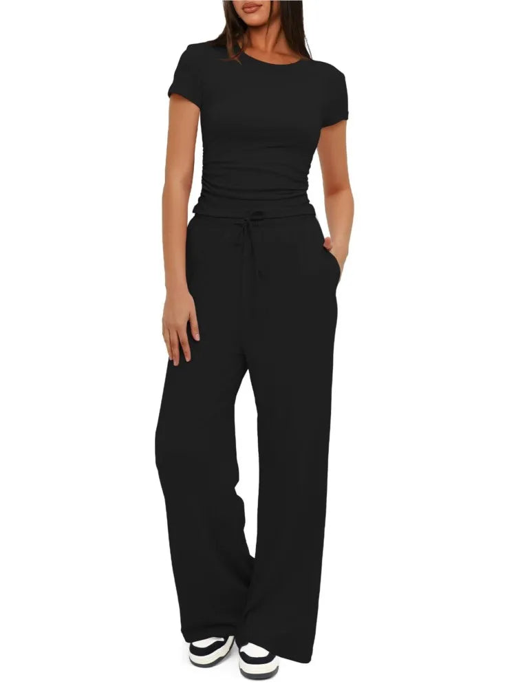 🍒Womens two-piece outfit set fashion pleated short sleeved top casual wear clothing  and matching comfort long high waisted wide leg pants sportswear Sport your style in Slimline