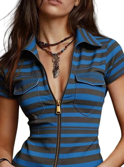 🍒Striped top short sleeve cropped smooth-print design, fashion faux denim printed short-sleeve shirt with real pockets for women casual shirts  Snatch A Stripe Shirt