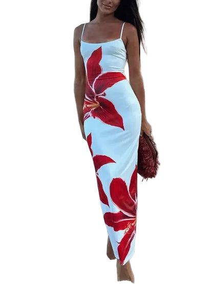 🍒 Summer printed maxi dress floral women spaghetti straps clothes holiday wear outfits backless fashion smart casual wear female long dress mini floral