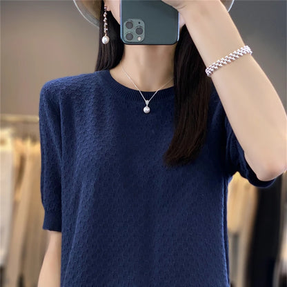 🍒Vroue se tekstuur-T-hemp somer katoen tops kortmou effekleur tee ronde hals los bloes gemaklike kledingstuk