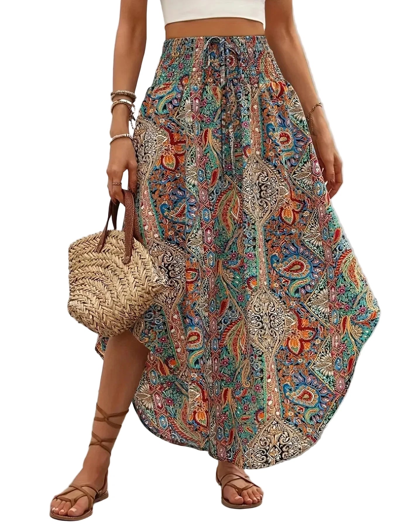 🍒Boho vintage romp a-lyn midi blommetjie-druk klere mode drag vir vroue somer drag Hoë middellyf Geplooide elastiese middellyf Lang Romp gemaklike vakansie drag Kry 'n Chiffon en Kry 'n Chevron