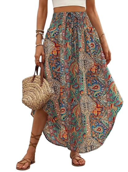 🍒Boho vintage romp a-lyn midi blommetjie-druk klere mode drag vir vroue somer drag Hoë middellyf Geplooide elastiese middellyf Lang Romp gemaklike vakansie drag Kry 'n Chiffon en Kry 'n Chevron