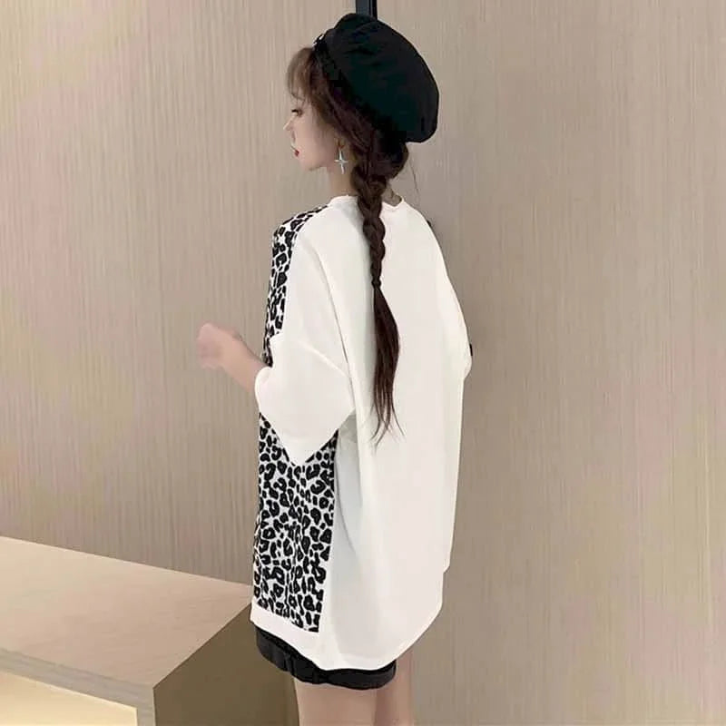 🍒Leopard patchwork t-shirt for women short-sleeved top loose  top shirt female fashion clothing  women casual clothes Print Animal Style