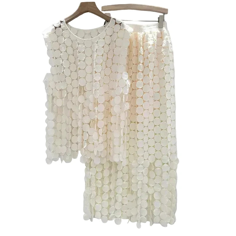 🍒Summer two-pieces set loose  lace vest and high waist elastic skirt smart casual women female occasion wear party outfit Get A Lot Dot