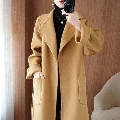 🍒100% wool coat for women autumn/winter fashion double sided cashmere coat with belt elegant long overcoat smart casual outerwear Warmup In Wool