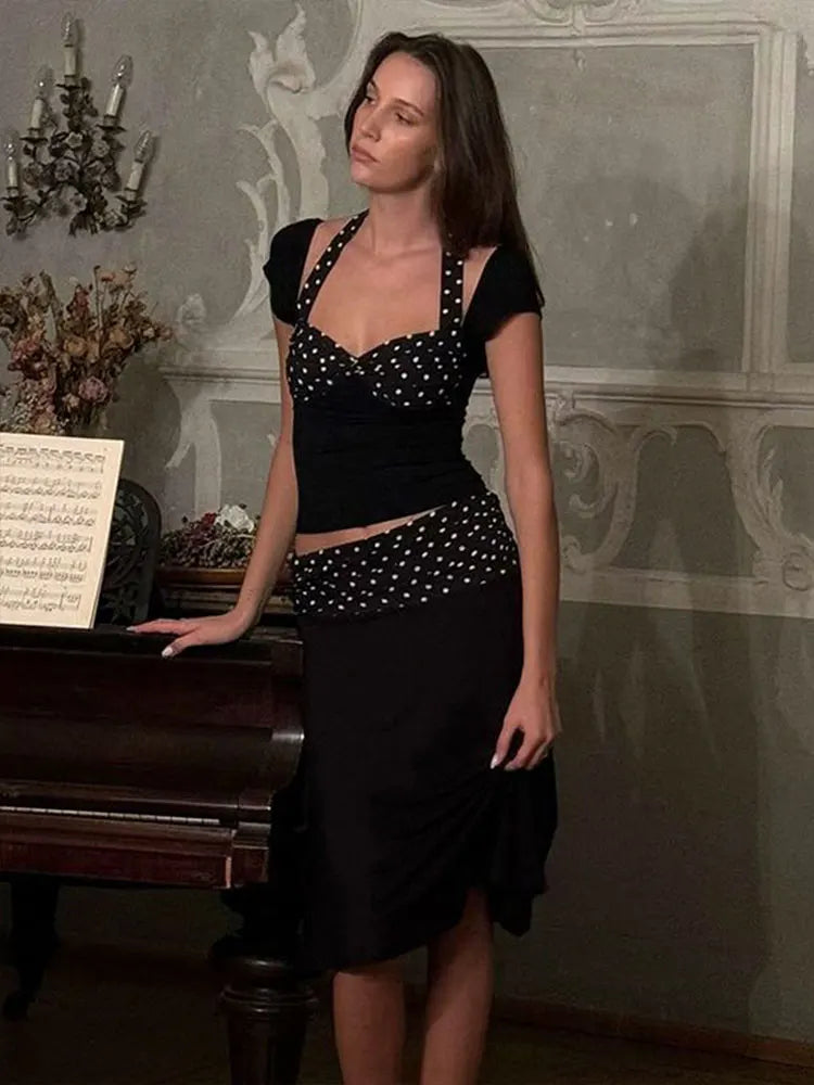 🍒Summer 2 piece set womens bra t-shirt and over knee skirt black polka dot print streetwear fashion smart casual elegant party club clothing  Spots To Wear At Night Spots