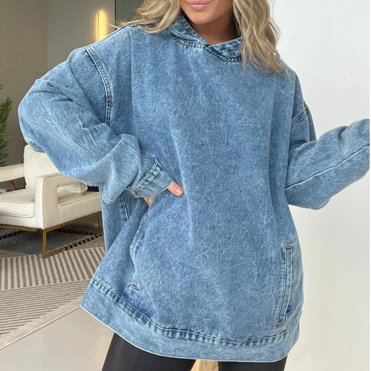 🍒Denim hoodie jeans-trui vir vroue met kap Y2k estetiese verweerde top gewas los buitekleed gemaklike klere