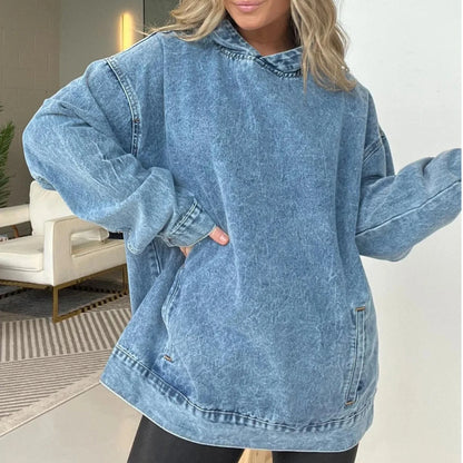 🍒Denim hoodie jeans-trui vir vroue met kap Y2k estetiese verweerde top gewas los buitekleed gemaklike klere