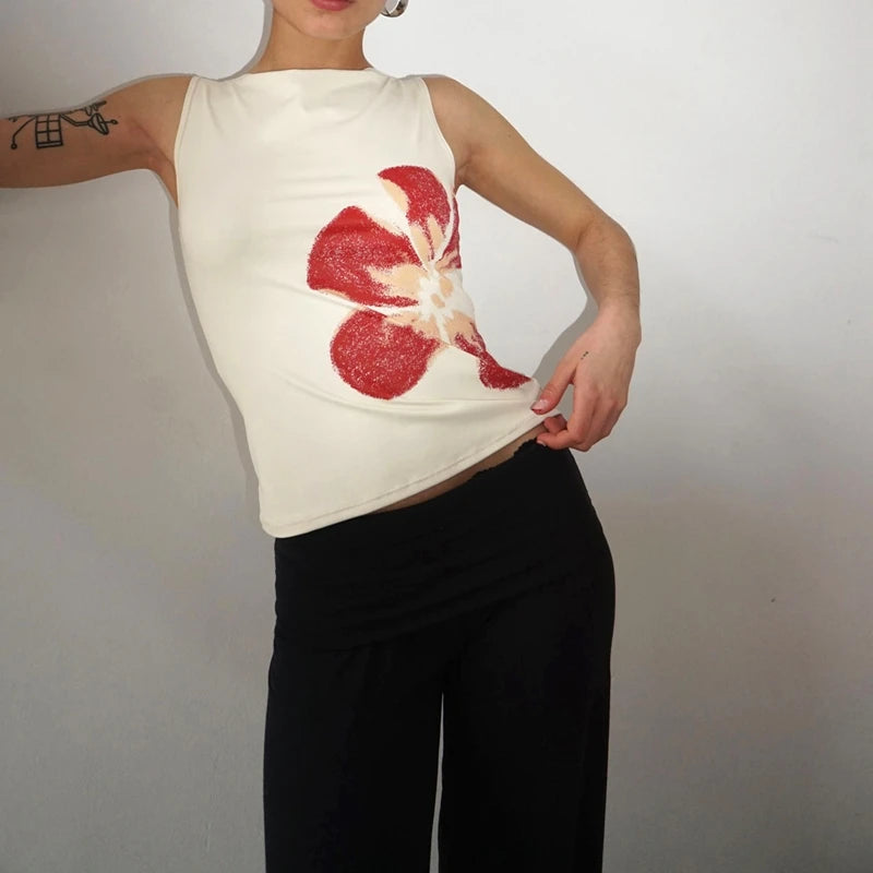 🍒Vest shirt for women summer tank top flower printed fitted crop top vintage sleeveless top fashion party club clothes