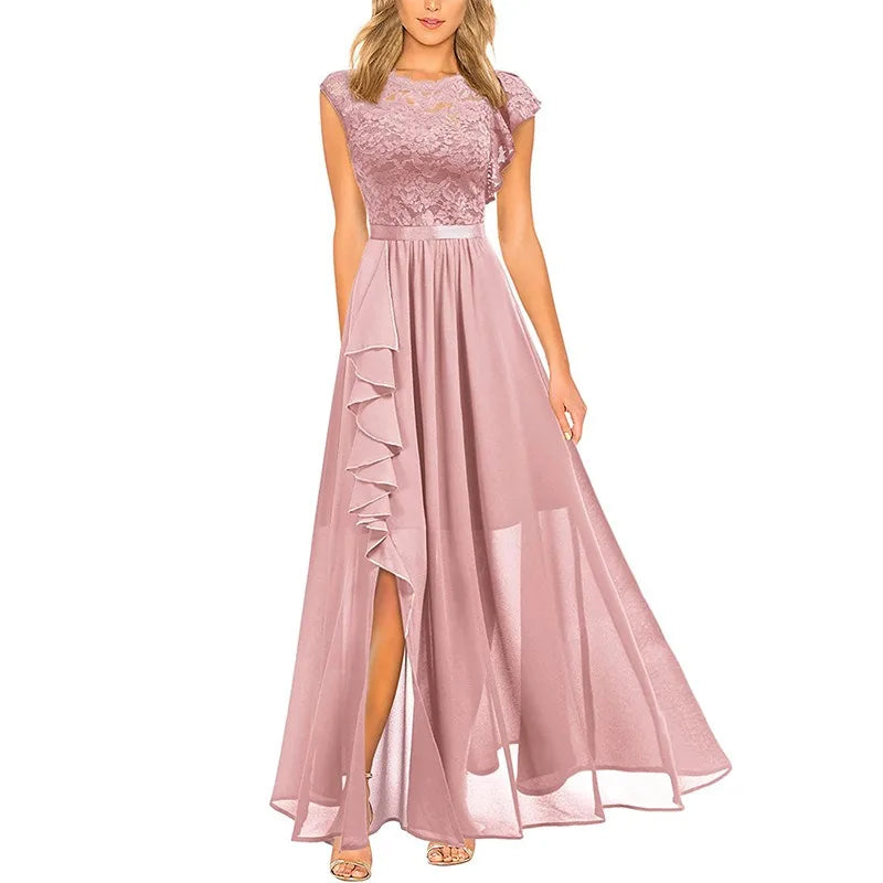 🍒Women's banquet dresses long lace bridesmaid wear evening wear lace maxi outfit dress satin sleeveless with split party occasion wear
