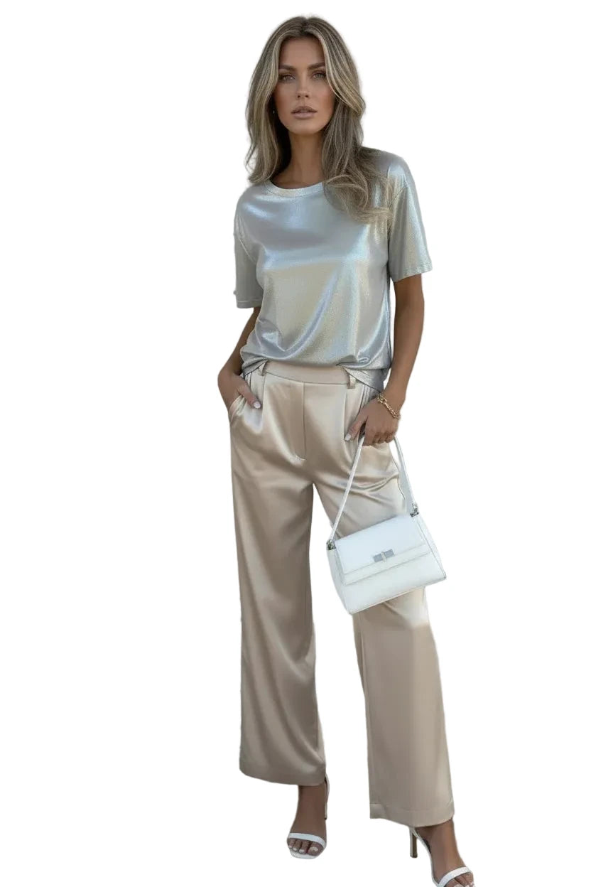 🍒Metaalagtige los top blink kortmou T-hemp dames spesiale geleentheid tops goud T-hemp o-nek mode slim gemaklike damesklere Top 'Talic Tee