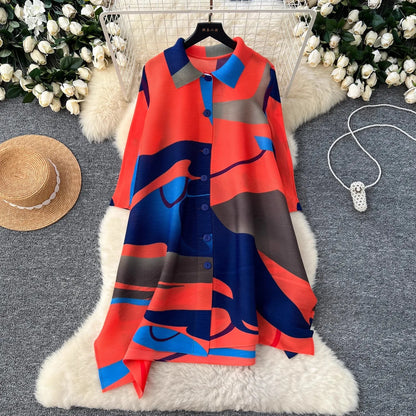 🍒Plus size pleated shirt dress color block outfits loose one size fits all  stretch cardigans smart casual clothing women