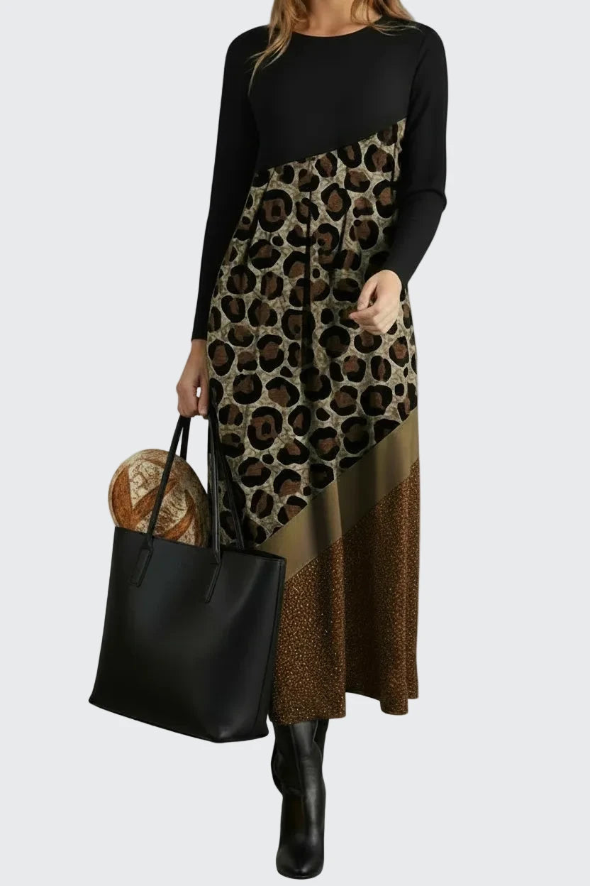 🍒Plus size elegant dress glitz and  leopard print v-neck dress stretch slim a-line outfit with long sleeves casual clothing for women   fashion maxi outfit Walk Bold Never Avoid An Animal