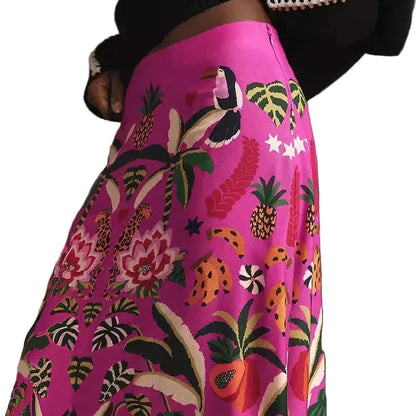 🍒Womens spring summer skirts floral midi vintage streetwear ladies elastic waist female fashion wear smart casual clothing Look Cool In Hot Pink